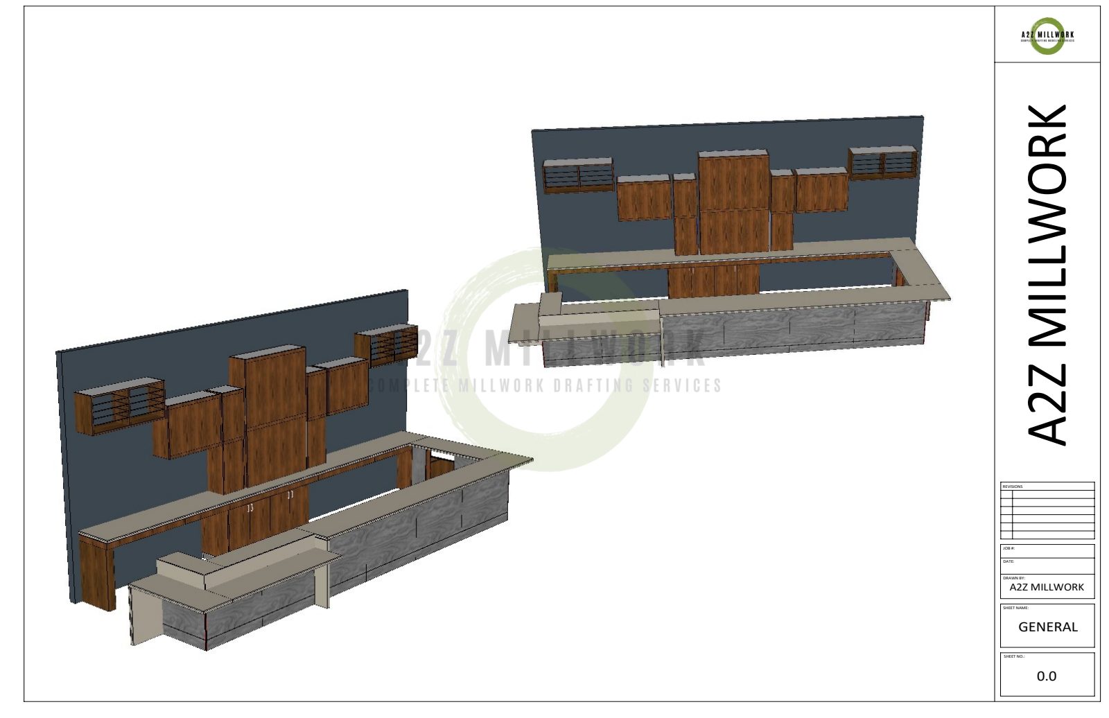 3D isometric shop drawing views of a commercial bar and bar back by A2Z Millwork