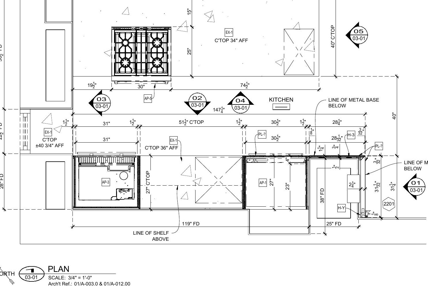Kitchen island shop drawing plan with the gas range location and countertop dimensions