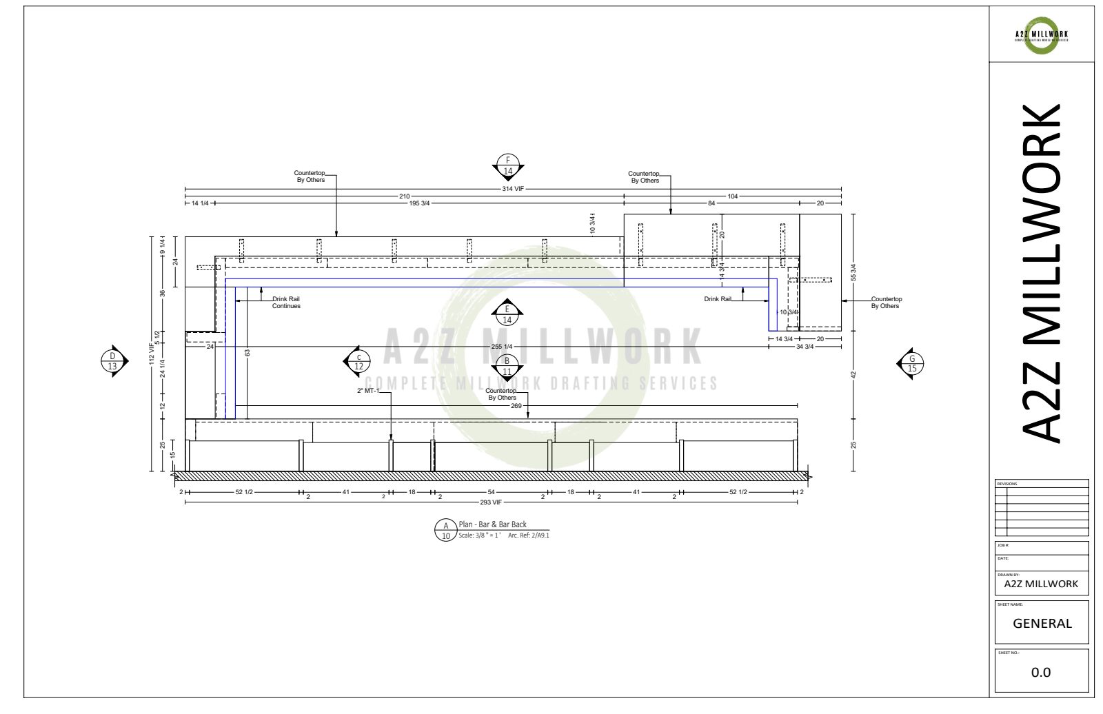 Dimensioned millwork shop drawing plan view of a 26-foot commercial bar