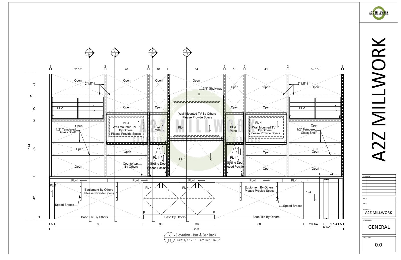 Millwork elevation shop drawing of a 24-foot back bar with material callouts