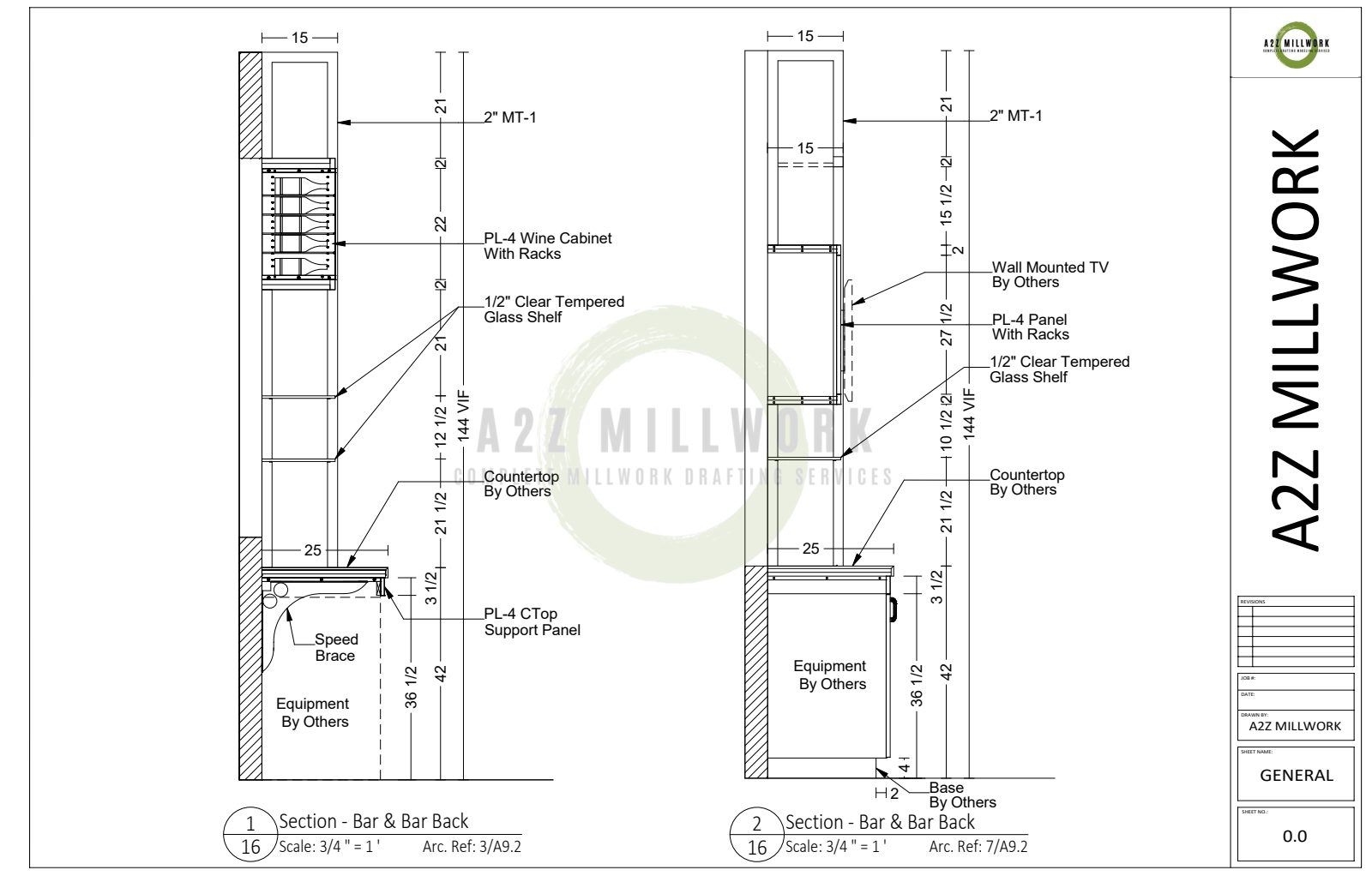 Construction section shop drawings of bar back showing wine cabinet and metal tube framing