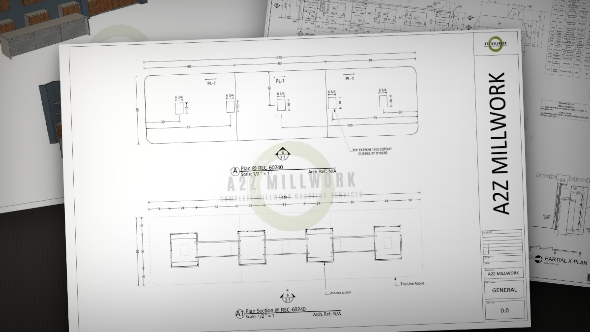 Real A2Z millwork shop drawings layered on an estimator's desk during a quantity takeoff