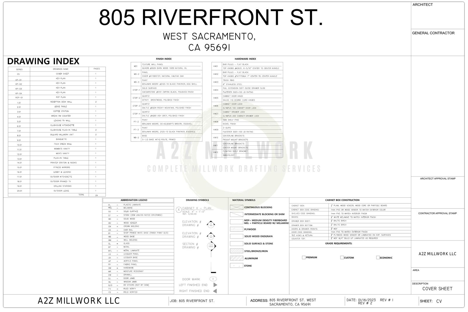 A2Z millwork drawing cover sheet with drawing index, finish index, and hardware index for a commercial project
