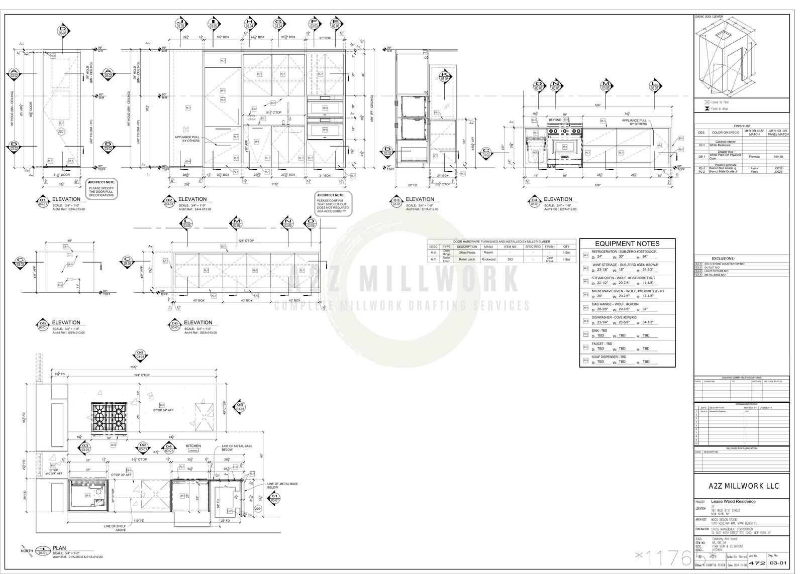 Cabinetry and kitchen island shop drawing with elevations, plan views, and equipment notes