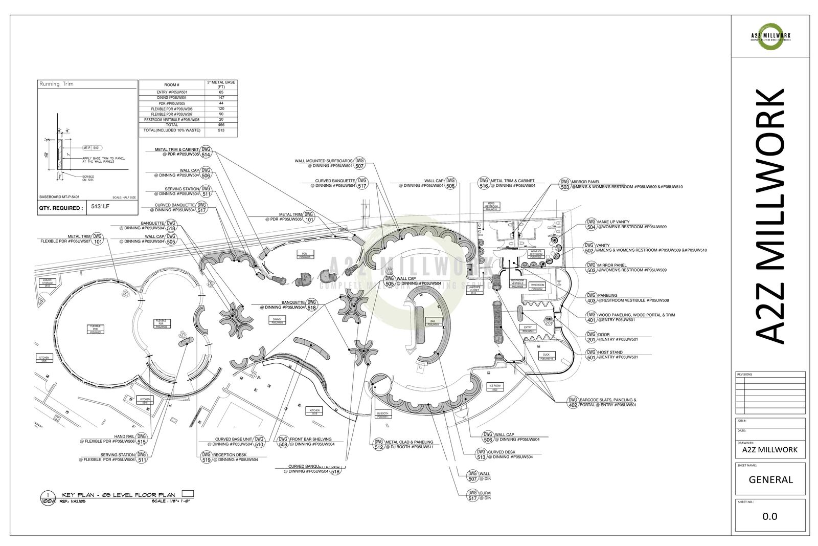 Restaurant millwork shop drawing floor plan with banquette, paneling, and trim detail callouts