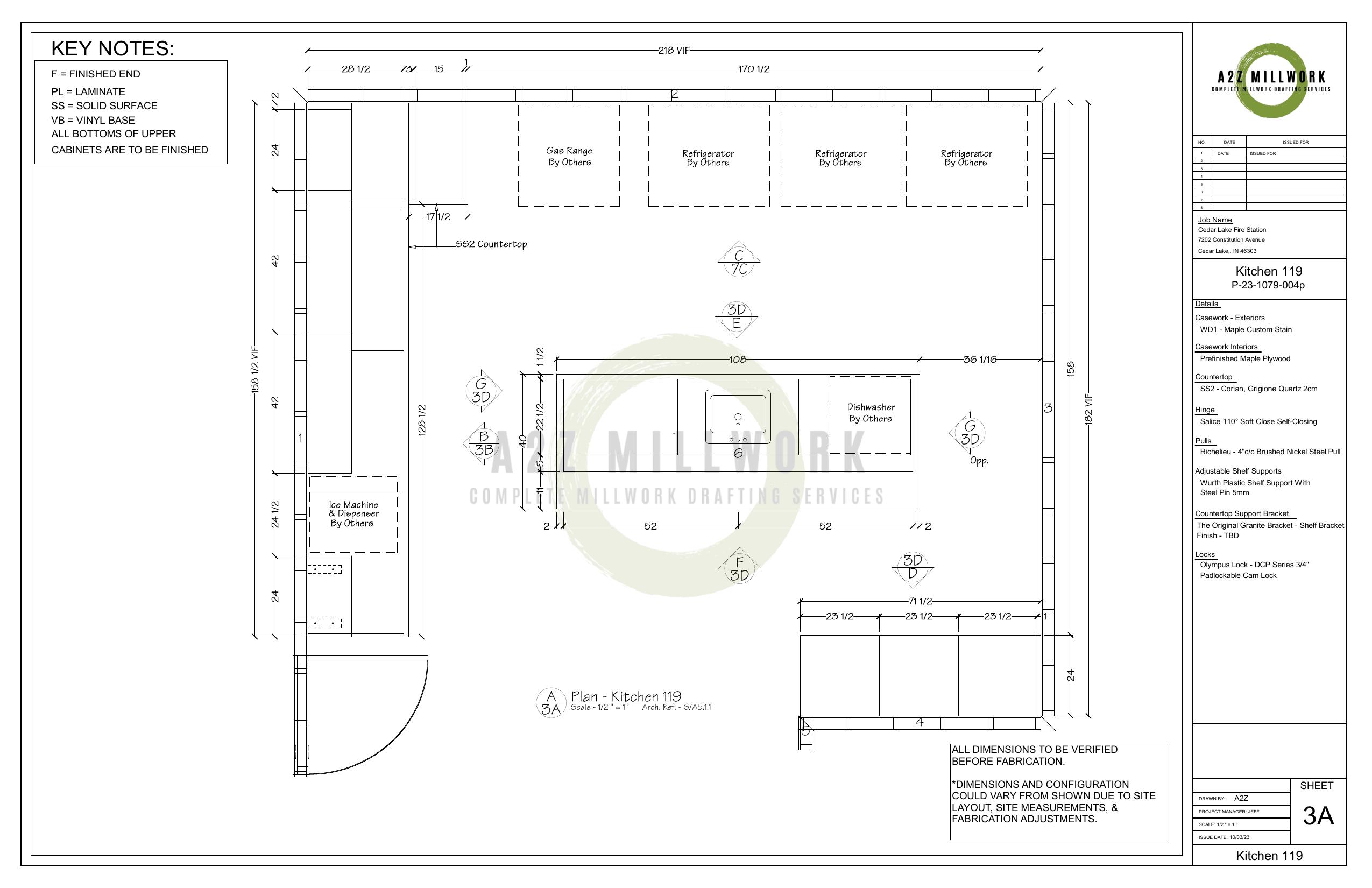 Custom millwork shop drawing showing cabinet elevation with material callouts and dimensions