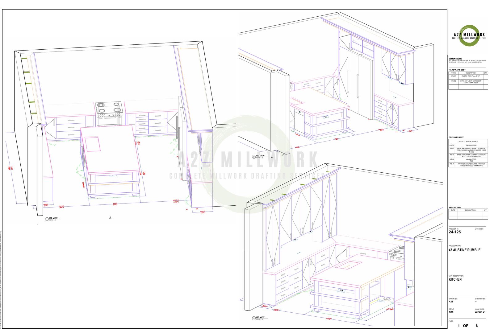 Microvellum shop drawing package by A2Z Millwork showing kitchen casework ISO views, hardware list, and finishes list