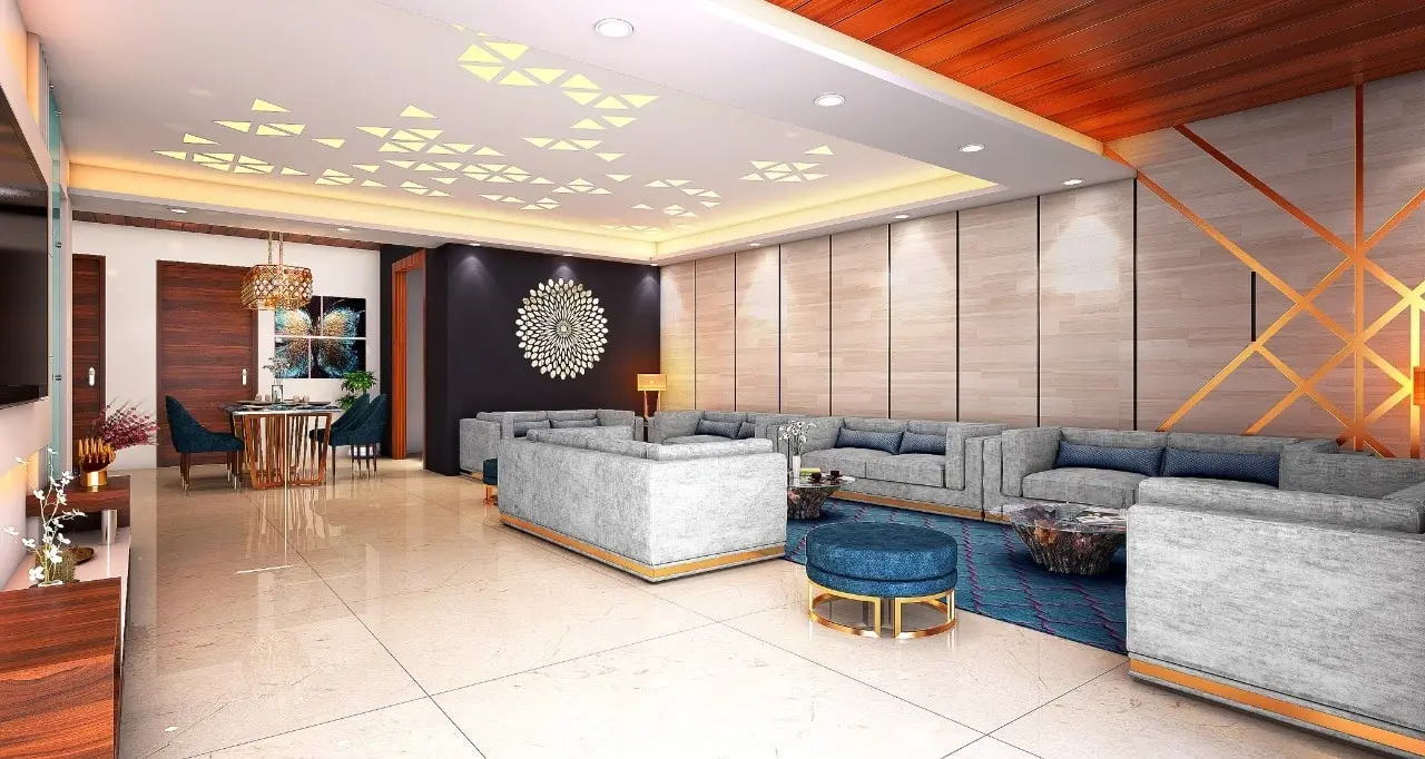 Photorealistic 3D render of luxury living room with designer ceiling, custom sofas, and wood paneling by A2Z Millwork
