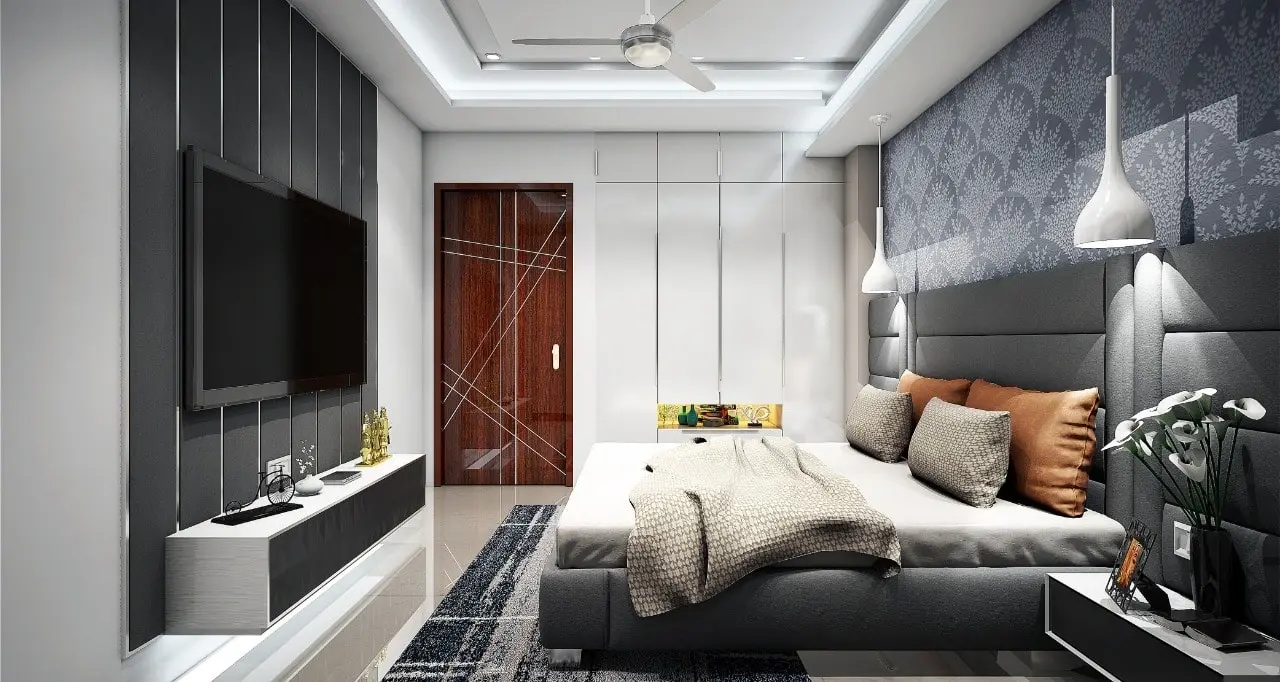Photorealistic 3D render of contemporary bedroom with dark panel TV wall and pendant lights by A2Z Millwork
