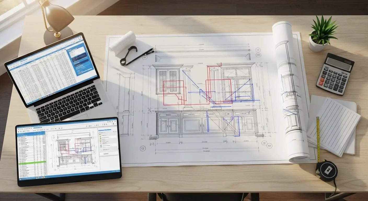 Millwork estimation workspace with architectural drawings, Bluebeam takeoff markups on a cabinet elevation, and cost spreadsheets