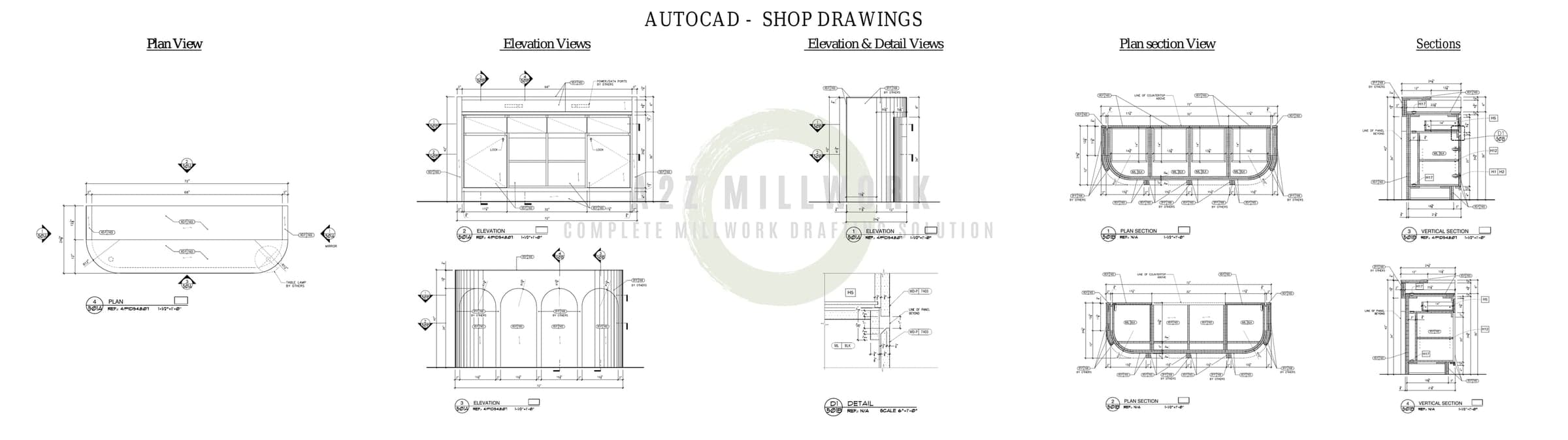 A real AutoCAD shop drawing set showing plan view, elevations, detail views, and sections