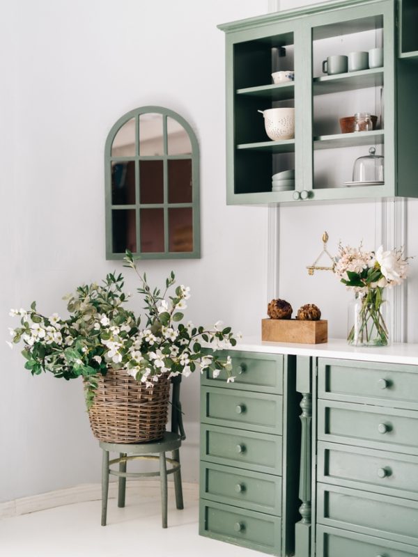 Cozy,Kitchen,Corner,With,Vintage,Furniture,Of,Green,Colour,,Countertop